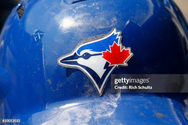 Toronto Blue Jays batting helmet before a game against the New York Yankees at Yankee Stadium on July 4, 2017 in the Bronx borough of New York City.