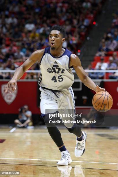 Donovan Mitchell of the Utah Jazz handles the ball against the Boston Celtics during the 2017 Utah Summer League on July 6, 2017 at Jon M. Huntsman...