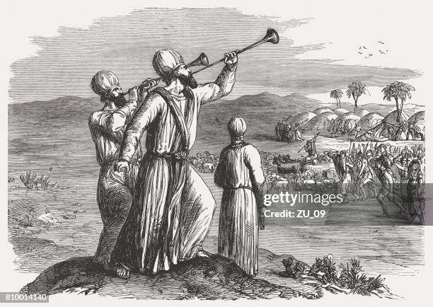 the silver trumpets (numbers 10, 1-10), wood engraving, published 1886 - immigrant worker stock illustrations