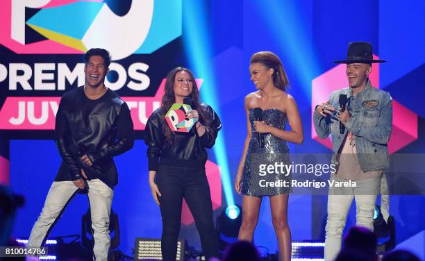 Chino Miranda, Joy Uecke, Leslie Grace and Jesse Uecke present an award during Univision's "Premios Juventud" 2017 Celebrates The Hottest Musical...