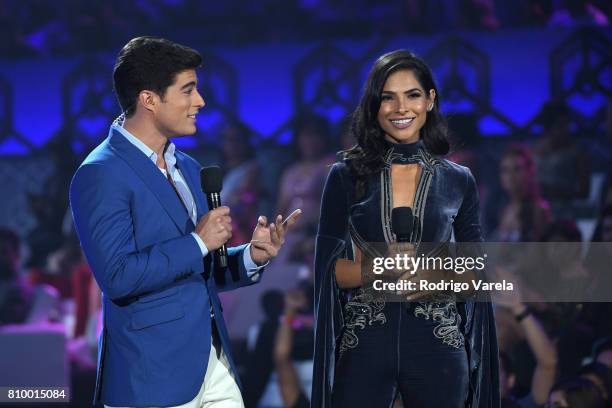 Danilo Carrera and Alejandra Espinosa speak on stage at the Univision's "Premios Juventud" 2017 Celebrates The Hottest Musical Artists And Young...