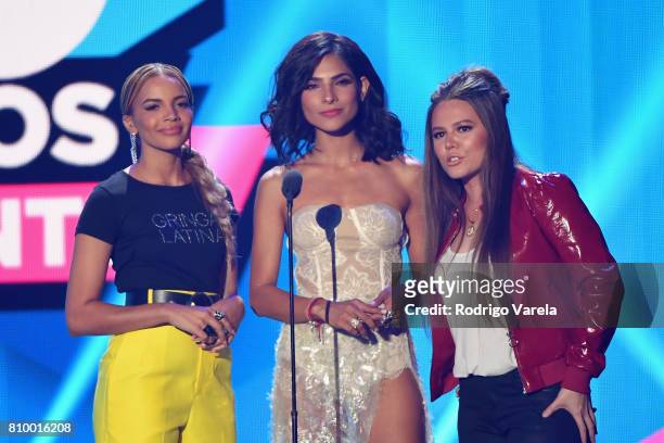 Leslie Grace, Alejandra Espinoza, and Joy from Jesse & Joy speak on stage at the Univision's "Premios Juventud" 2017 Celebrates The Hottest Musical...
