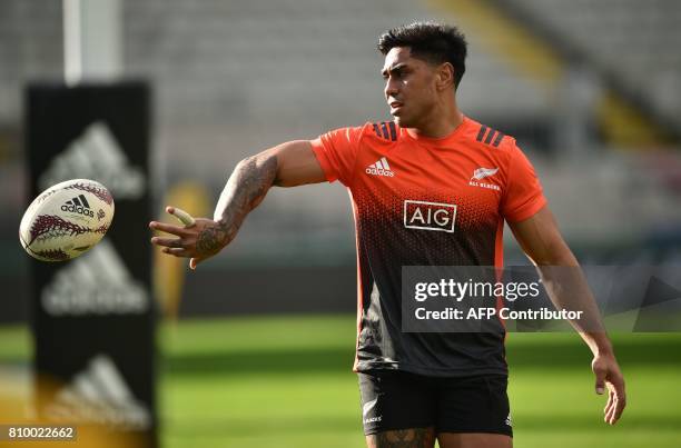 New Zealand All Blacks player Anton Lienert-Brown takes part in their Captains Run ahead of the third and final rugby Test in Auckland on July 7,...