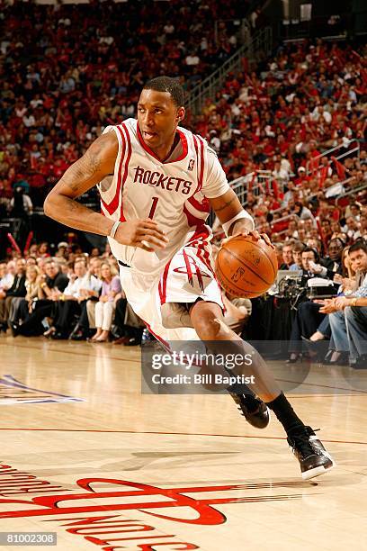 Tracy McGrady of the Houston Rockets drives to the basket in Game Five of the Western Conference Quarterfinals against the Utah Jazz during the 2008...