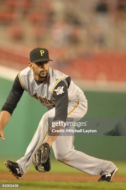 Jose Bautista of the Pittsburgh Pirates prepares field a gound ball during a baseball game against the Washington Nationals on May 1, 2008 at...