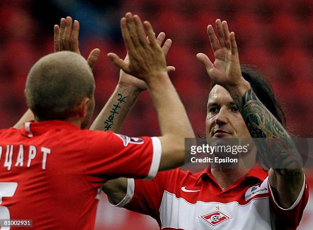 Martin Jiranek and Mozart of FC Spartak Moscow celebrate after scoring a goal during the Russian Football League Championship match between FC...