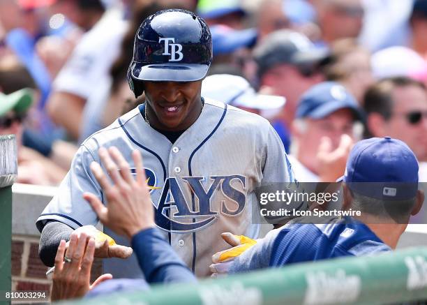 Tampa Bay Rays left fielder Corey Dickerson celebrates in the dugout during the game between the Tampa Bay Rays and the Chicago Cubs on July 5, 2017...