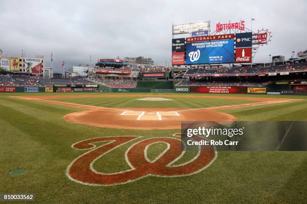 The field is shown during a weather delay between the Washington Nationals and Atlanta Braves at Nationals Park on July 6, 2017 in Washington, DC.