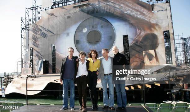 Mathieu Amalric , Anatole Taubman , Olga Korylenko, Daniel Craig and director Marc Forster are seen on the sea stage in Bregenz on 06 May, 2008 in...
