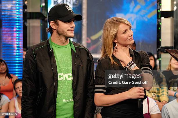 Actors Ashton Kutcher and Cameron Diaz visit MTV's "TRL" at MTV Studios Times Square on May 5, 2008 in New York City.