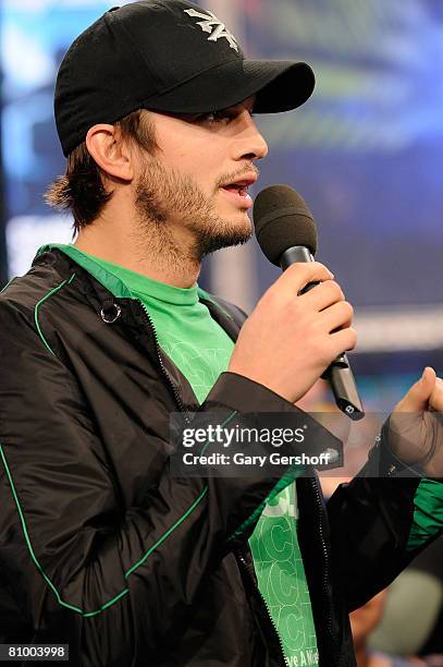 Actor Ashton Kutcher visits MTV's "TRL" at MTV Studios Times Square on May 5, 2008 in New York City.