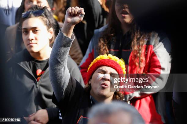 The large crowd listens to speakers on the steps of Parliament House during the 2017 NAIDOC March on July 7, 2017 in Melbourne, Australia. The march...