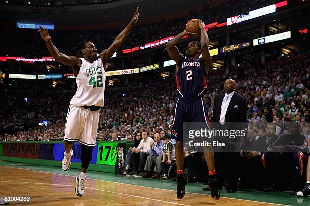 Joe Johnson of the Atlanta Hawks shoots over Tony Allen of the Boston Celtics in Game Five of the Eastern Conference Quarterfinals during the 2008...