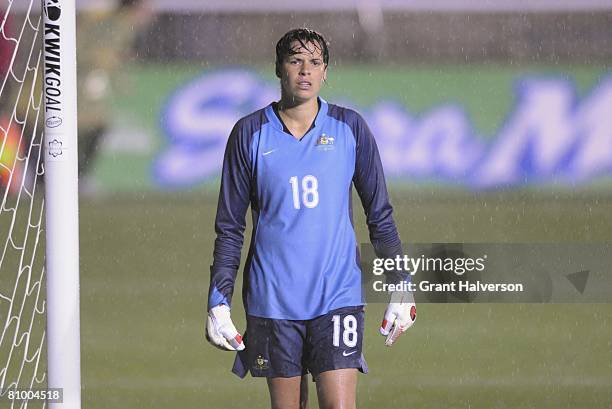 Goalkeeper Lydia Williams of the Australian Women's National Team looks on against the U.S. Women's National Team during an international friendly...