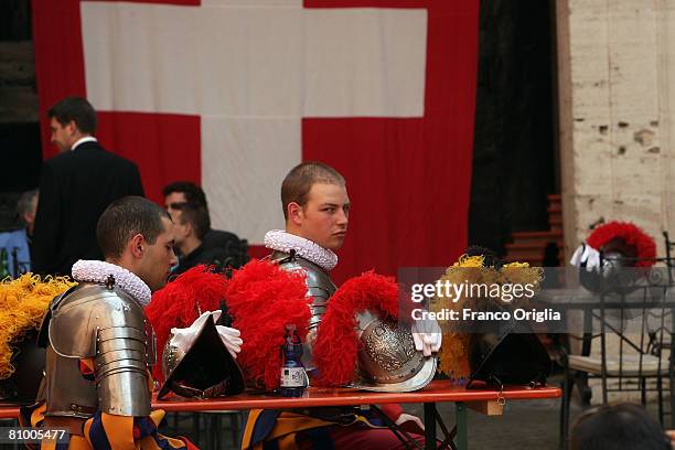 Recruits of the Vatican's elite Swiss Guard wait to attend the swearing in ceremony for new members at the Cortile di San Damaso on May 6, 2008 in...