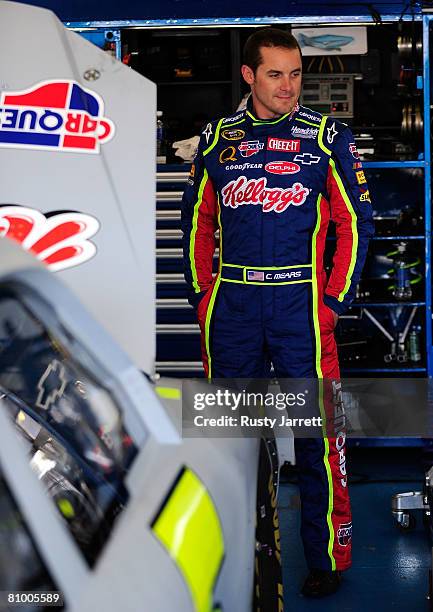 Casey Mears, driver of the Kelloggs Chevrolet between test runs during NASCAR Sprint Cup testing at Lowes Motor Speedway on May 6, 2008 in Concord,...