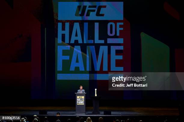 Urijah Faber gives his acceptance speech to the crowd during the UFC Hall of Fame 2017 Induction Ceremony at the Park Theater on July 6, 2017 in Las...