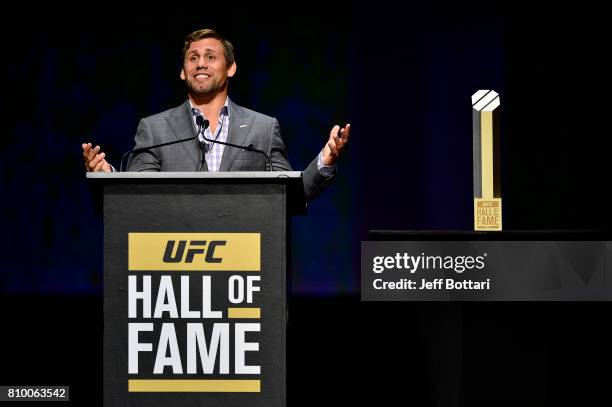 Urijah Faber gives his acceptance speech to the crowd during the UFC Hall of Fame 2017 Induction Ceremony at the Park Theater on July 6, 2017 in Las...