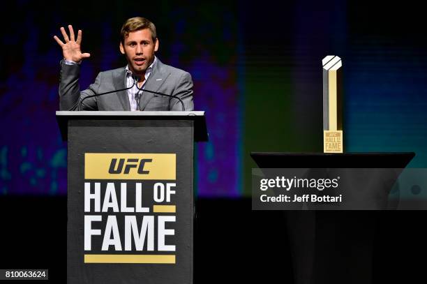 Urijah Faber gives his acceptance speech to the crowd during the UFC Hall of Fame 2017 Induction Ceremony at the Park Theater on July 6, 2017 in Las...