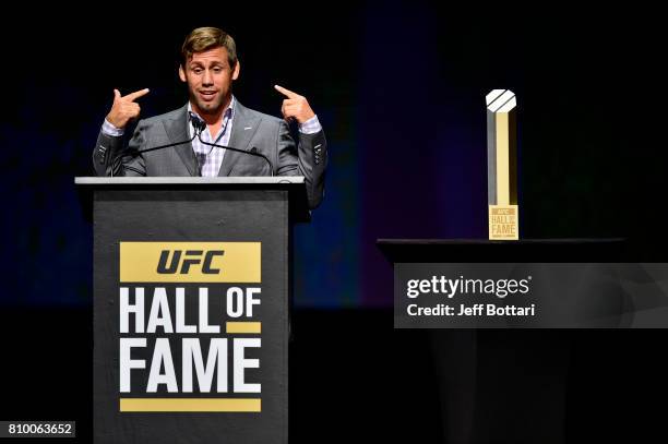 Urijah Faber gives his acceptance speech to the crowd during the UFC Hall of Fame 2017 Induction Ceremony at the Park Theater on July 6, 2017 in Las...