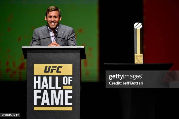 Urijah Faber gives his acceptance speech to the crowd during the UFC Hall of Fame 2017 Induction Ceremony at the Park Theater on July 6, 2017 in Las...