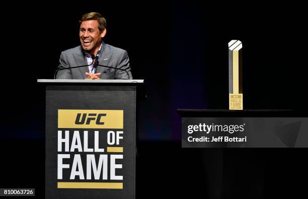 Urijah Faber gives his acceptance speech to the crowd during the UFC Hall of Fame 2017 Induction Ceremony at the Park Theater on July 6, 2017 in Las...