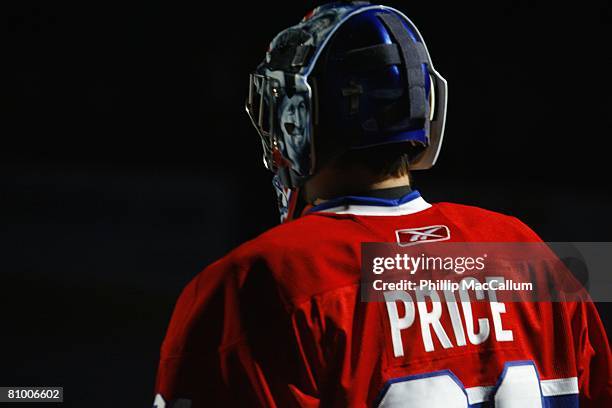 Goaltender Carey Price of the Montreal Canadiens looks on against the Philadelphia Flyers during Game Five of the Eastern Conference Semifinals of...