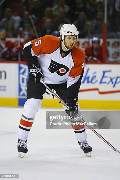 Braydon Coburn of the Philadelphia Flyers gets set for play against the Montreal Canadiens during Game Five of the Eastern Conference Semifinals of...