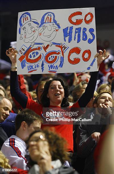 Montreal Canadiens fan shows her support during Game Five of the Eastern Conference Semifinals of the 2008 NHL Stanley Cup Playoffs against the...