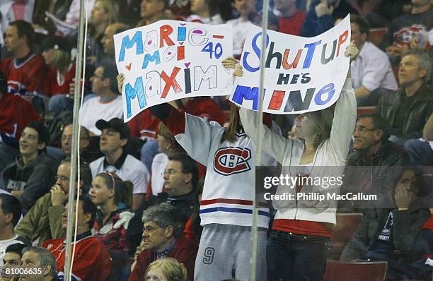 Montreal Canadien fans show their support against the Philadelphia Flyers during Game Five of the Eastern Conference Semifinals of the 2008 NHL...