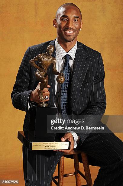 Kobe Bryant of the Los Angeles Lakers poses for a portrait at the 2007-08 NBA Most Valuable Player Award press conference presented by Kia Motors at...