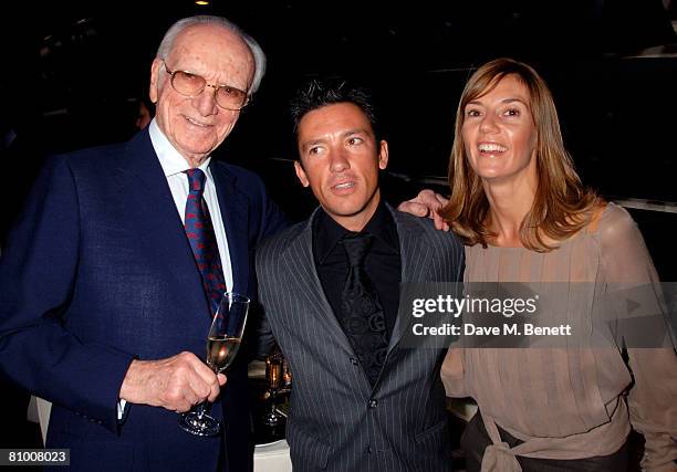 Sir Peter O'Sullevan with Frankie Dettori and wife Catherine attend the launch party for the Derby Festival 2008, at Gaucho on May 6, 2008 in London,...