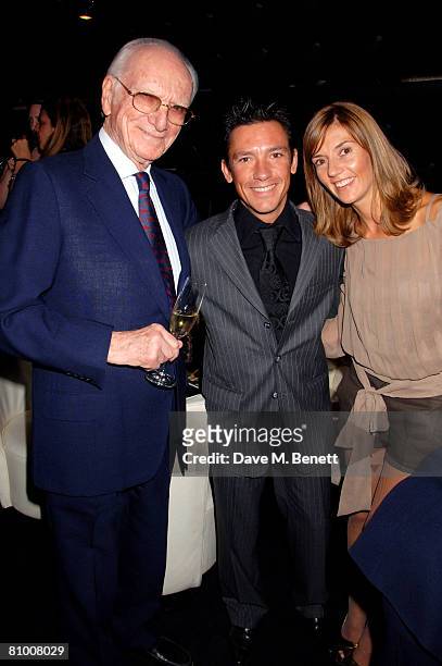 Sir Peter O'Sullevan with Frankie Dettori and wife Catherine Dettori attend the launch party for the Derby Festival 2008, at Gaucho on May 6, 2008 in...