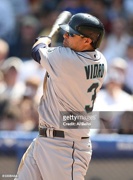 Jose Vidro of the Seattle Mariners bats against the New York Yankees during their game on May 4, 2008 at Yankee Stadium in The Bronx Borough of New...
