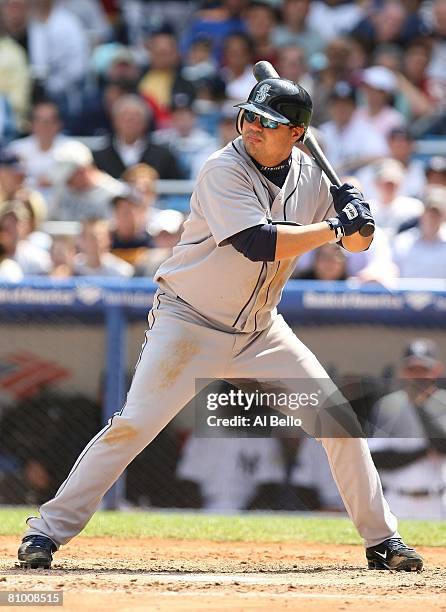 Jose Vidro of the Seattle Mariners bats against the New York Yankees during their game on May 4, 2008 at Yankee Stadium in The Bronx Borough of New...