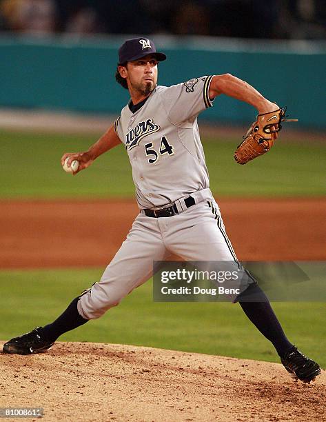 Pitcher David Riske of the Milwaukee Brewers pitches against the Florida Marlins at Dolphin Stadium on May 6, 2008 in Miami, Florida. The Marlins...