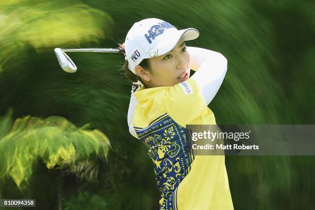 Ritsuko Ryu of Japan hits her tee shot on the 7th hole during the first round of the Nipponham Ladies Classics at the Ambix Hakodate Club on July 7,...