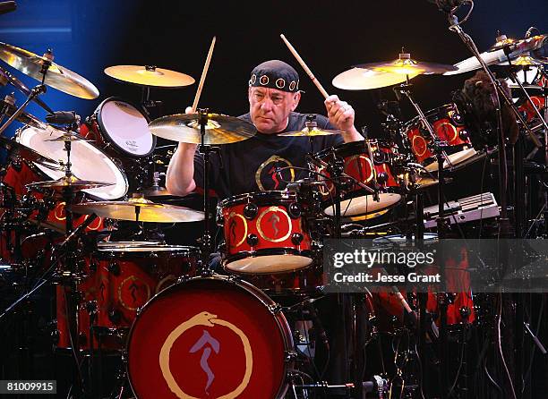 Musician Neil Peart of the band Rush performs at the Nokia Theatre on May 6, 2008 in Los Angeles, California.