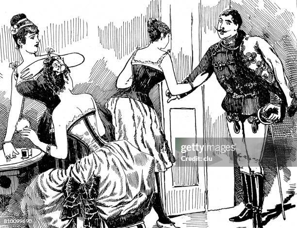 young man stepping into the dressing room of 3 young ladies - backstage sign stock illustrations