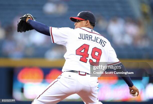 Jair Jurrjens of the Atlanta Braves pitches against the San Diego Padres at Turner Field on May 6, 2008 in Atlanta, Georgia. The Braves defeated the...