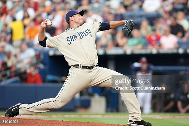 Chris Young of the San Diego Padres pitches against the Atlanta Braves at Turner Field on May 6, 2008 in Atlanta, Georgia. The Braves defeated the...