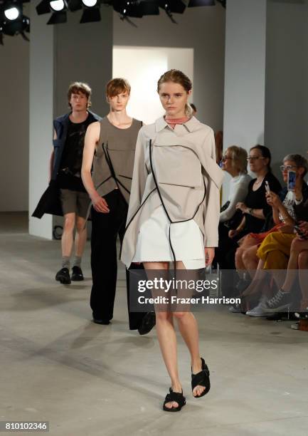 Models walk the runway at the Vladimir Karaleev show during the Mercedes-Benz Fashion Week Berlin Spring/Summer 2018 at Kaufhaus Jandorf on July 7,...