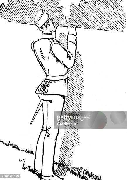 police officer stands on a fence, hands on upper part, looking behind it - looking over fence stock illustrations