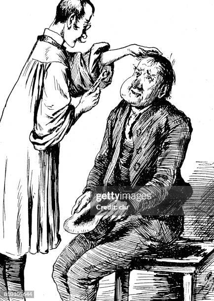 doctor checking the head of a sick man, vertical on white - archival doctor stock illustrations