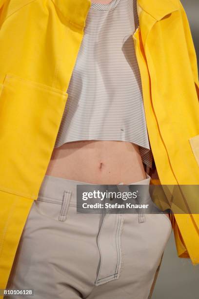 Model, fashion detail, walks the runway at the Vladimir Karaleev show during the Mercedes-Benz Fashion Week Berlin Spring/Summer 2018 at Kaufhaus...