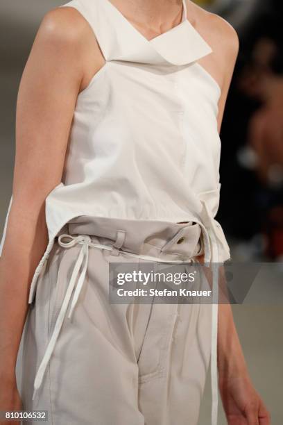 Model, fashion detail, walks the runway at the Vladimir Karaleev show during the Mercedes-Benz Fashion Week Berlin Spring/Summer 2018 at Kaufhaus...