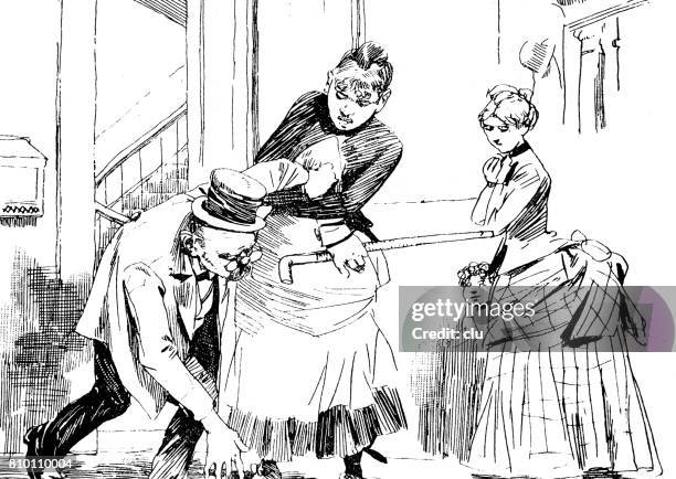 husband comes home drunk and is supported by the maid - drunk husband stock illustrations