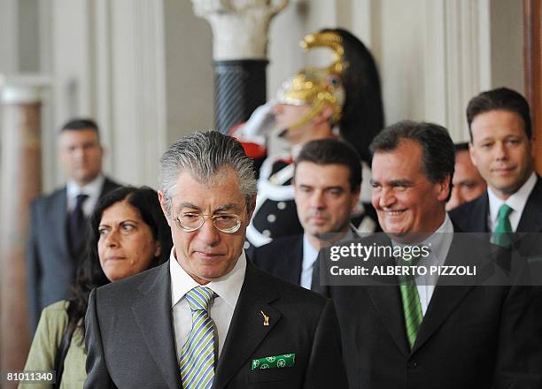 Umberto Bossi leader of the "Northern League" followed by his delegation leaves the President office after the meeting with Italy's President Giorgio...