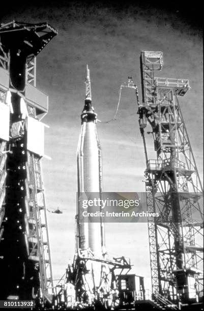 View of the Atlas 109-D rocket as it sits on the launching pad for NASA's Mercury-Atlas 6 mission, Cape Canaveral Air Force Station , Florida, 1962....