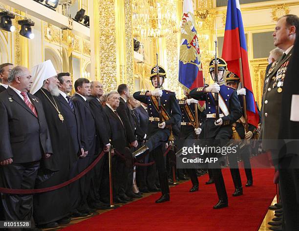 Russian honour guards goose-step on a red carpet at the inauguration of President Dmitry Medvedev at the Kremlin in Moscow on May 7, 2008. Dmitry...